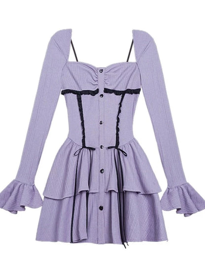 Purple Knit Ruffle Design Dress