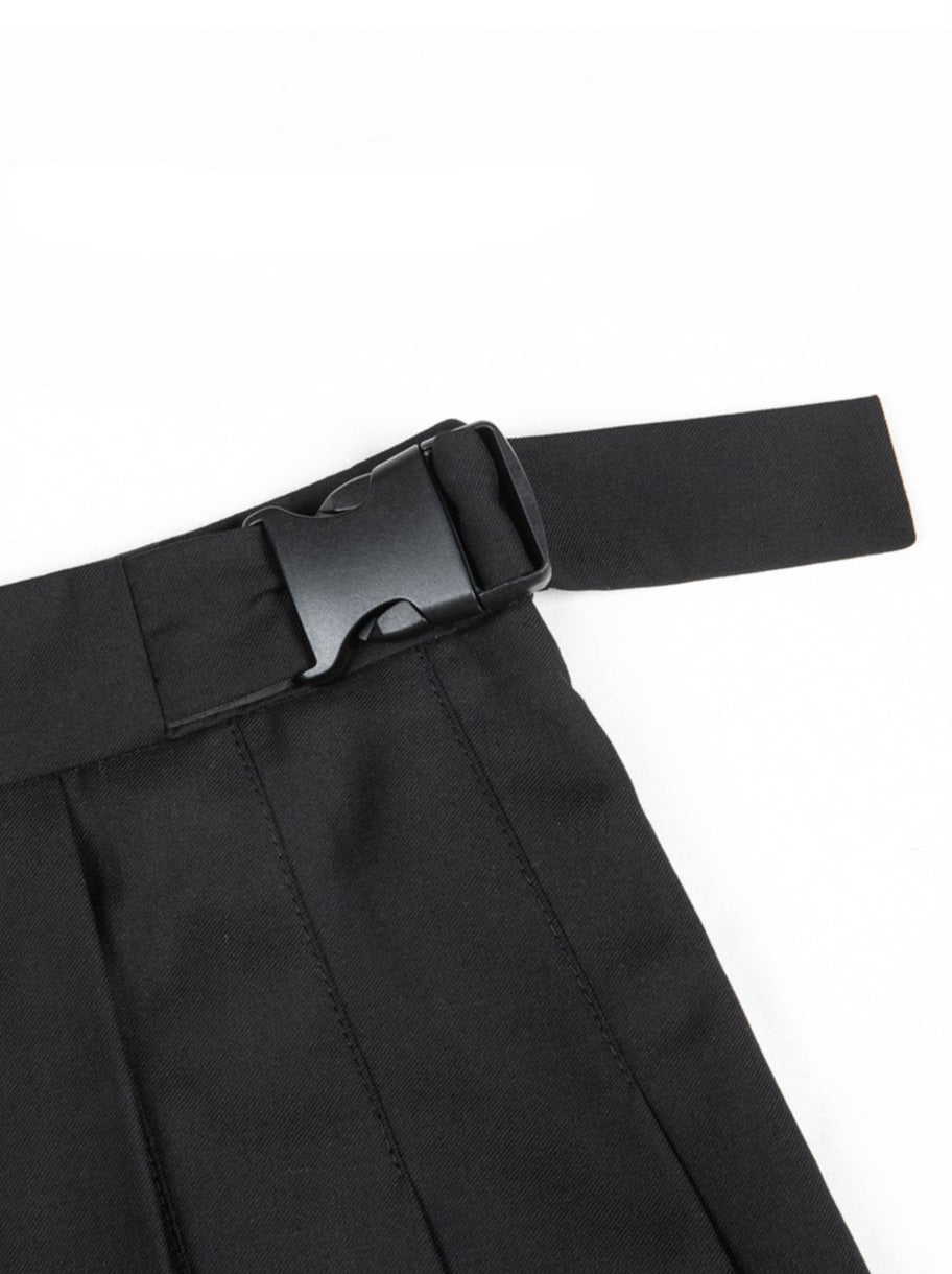 Buckle belt stitch pleated skirt