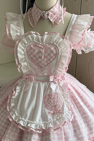 [Vorbestellschluss: 13. Juni] Rosa Vichy-Karo-Schürzenkleid mit freien Schultern, Puffärmeln und Schleife (mit Kragen-Choker) + Haarreif + Handgelenkmanschetten