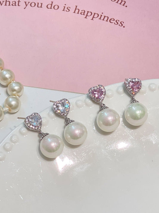 Mito's heart pounds, cute zircon, love pink, small and delicate, versatile pearl 925 silver earrings