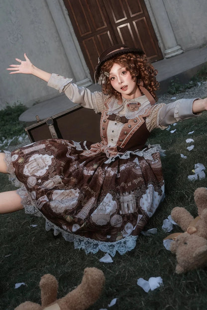 [Reservation Deadline: November 6] Beige Striped Short-Sleeve Lolita Shirt with Beautiful Embroidery and a Layered Lace Collar + Pair of Detachable Long Sleeves + Long-Sleeve Shirt (with Detachable Embroidered Collar)
