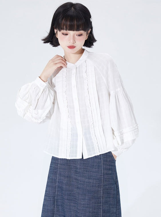 Shallot Stand-Up Collar Raglan Sleeve Blouse