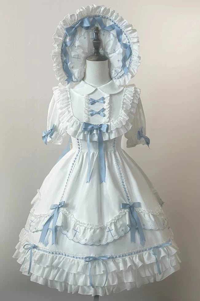 【10月4日予約締切】Blue & White / Pink & White Gothic-Inspired Sweet Lolita Ribbon Ruffle Dress＋Cross Embroidery Ribbon Cape