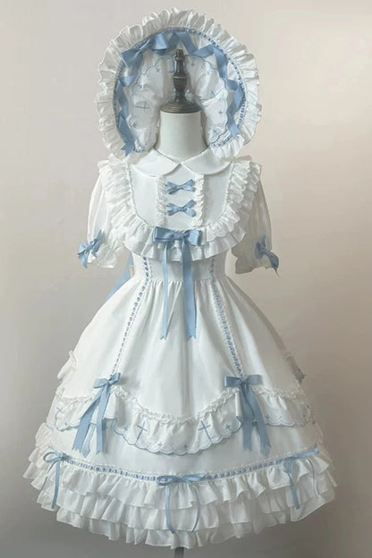 【10月4日予約締切】Blue & White / Pink & White Gothic-Inspired Sweet Lolita Ribbon Ruffle Dress＋Cross Embroidery Ribbon Cape