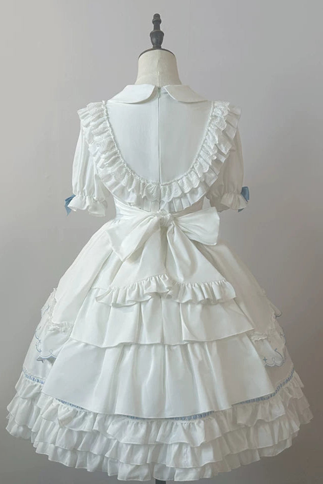 【10月4日予約締切】Blue & White / Pink & White Gothic-Inspired Sweet Lolita Ribbon Ruffle Dress＋Cross Embroidery Ribbon Cape