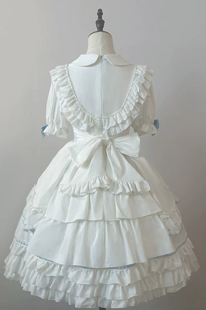 【10月4日予約締切】Blue & White / Pink & White Gothic-Inspired Sweet Lolita Ribbon Ruffle Dress＋Cross Embroidery Ribbon Cape