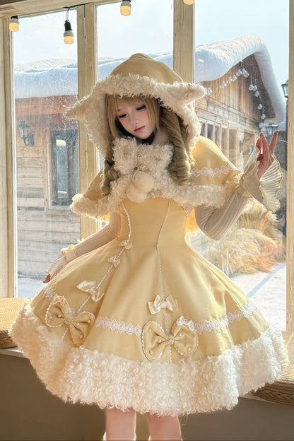 【11月7日予約締切】Yellow/Pink Sweet Lolita Lace Ribbon Fluffy Hem JSK Dress + Ruffle Neck Ribbed Bell Sleeve Top