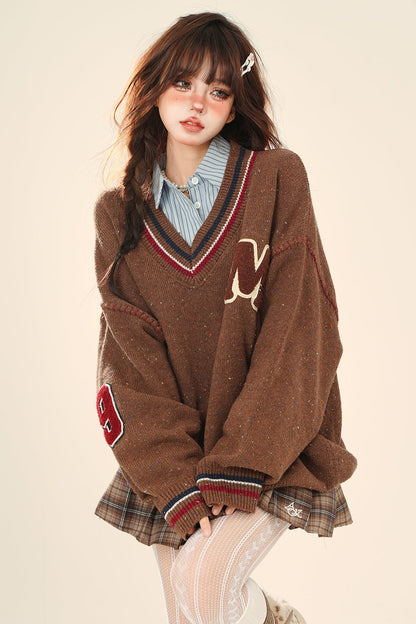 British College Neck Knit Sweater