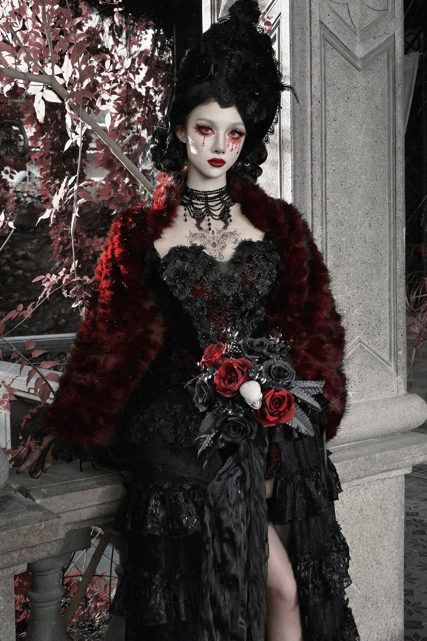 Blood supply original ◆ castle thriller crimson gothic environmental protection fur cloak jacket shawl Halloween winter