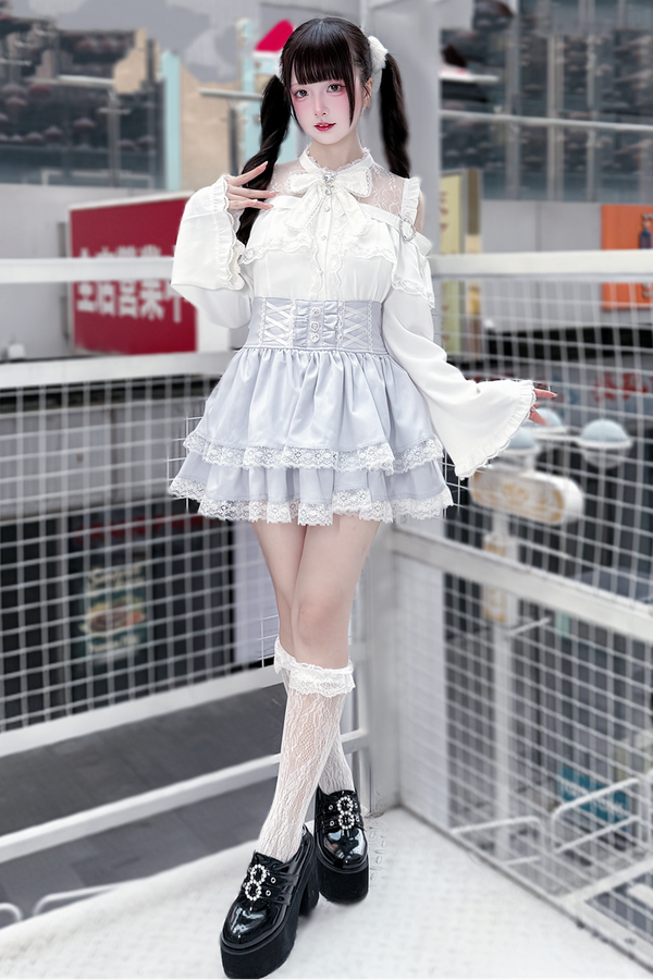 Lace off-the-shoulder shirt + lace-up skirt