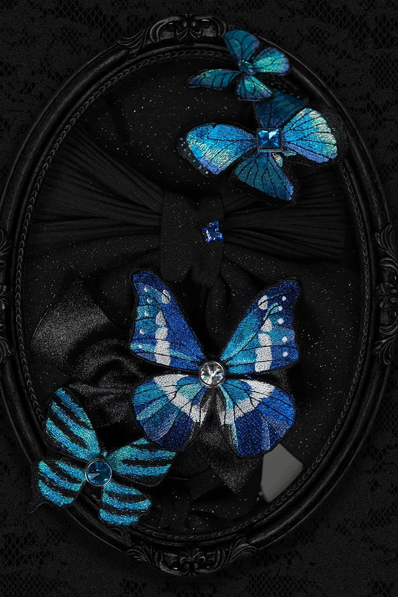 [Pre-order Deadline: October 14] Black/White Gothic Lolita Blue Butterfly Bow Tulle Ruffle Layered Halter Dress