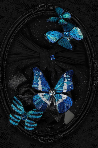 [Pre-order Deadline: October 14] Black/White Gothic Lolita Blue Butterfly Bow Tulle Ruffle Layered Halter Dress