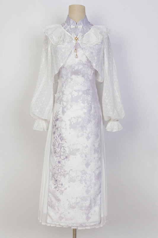 ライトパープルフラワーチャイナドレス＋フリルシアーカーディガン