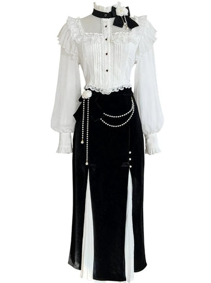 Ruffle high neck blouse + velvet pleated long skirt