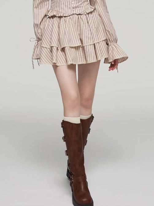 ストライプレーススクエアカラーシャツ＋ティアードスカートセットアップ