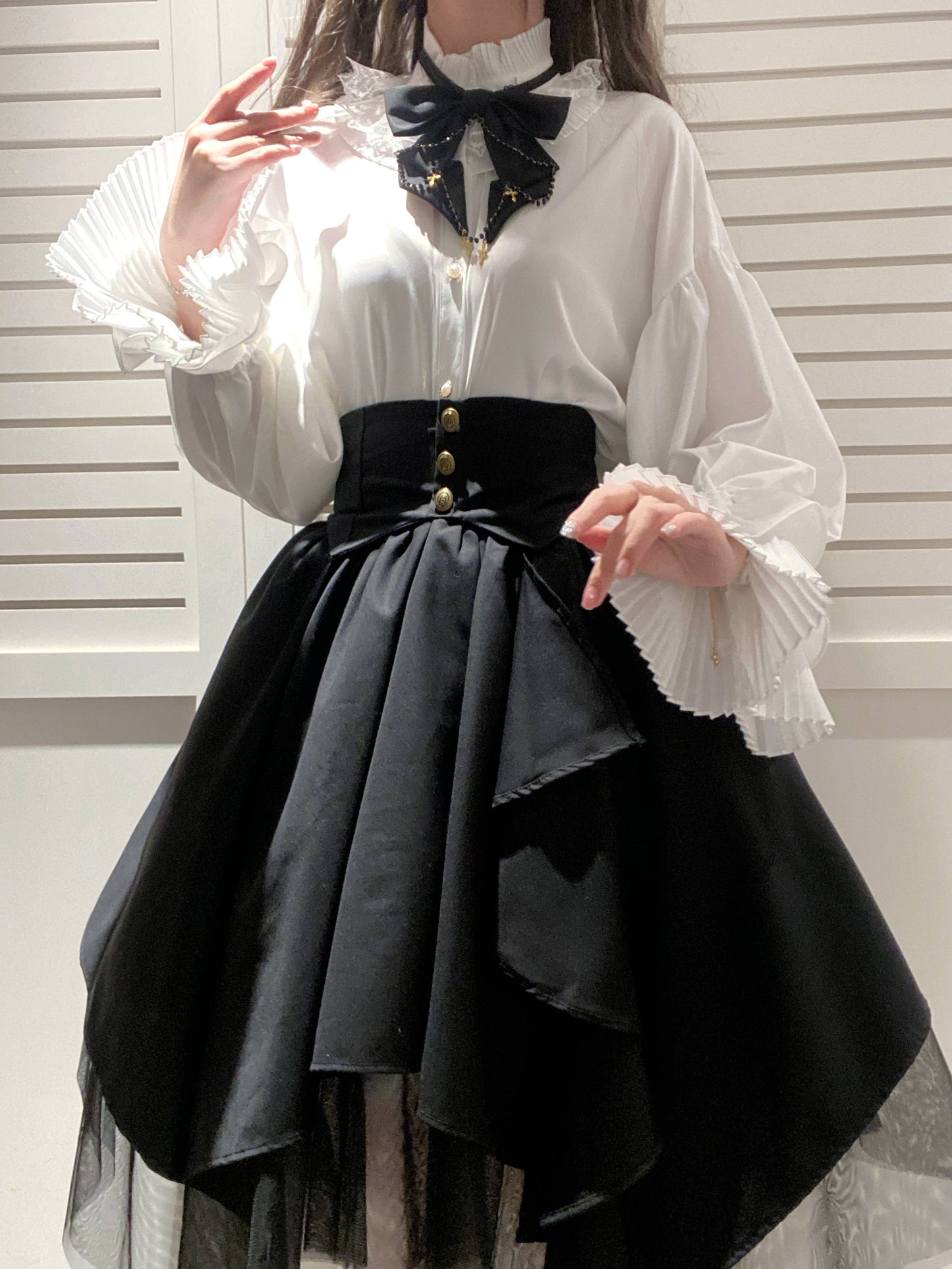 Retro Gothic Style Ribbon Tie Shirt + Irregular Tulle Skirt Suit