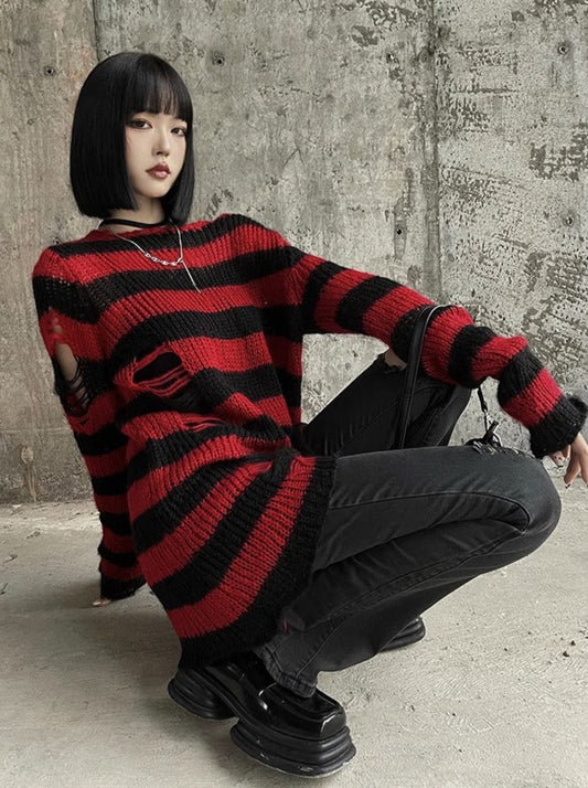 Punk style subculture striped hole knit sweater + inner cami dress + belt