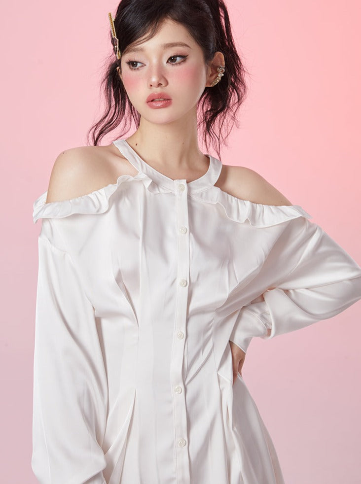 White Tea Open Mock Waist Strap Ress Frill Shirt One Piece