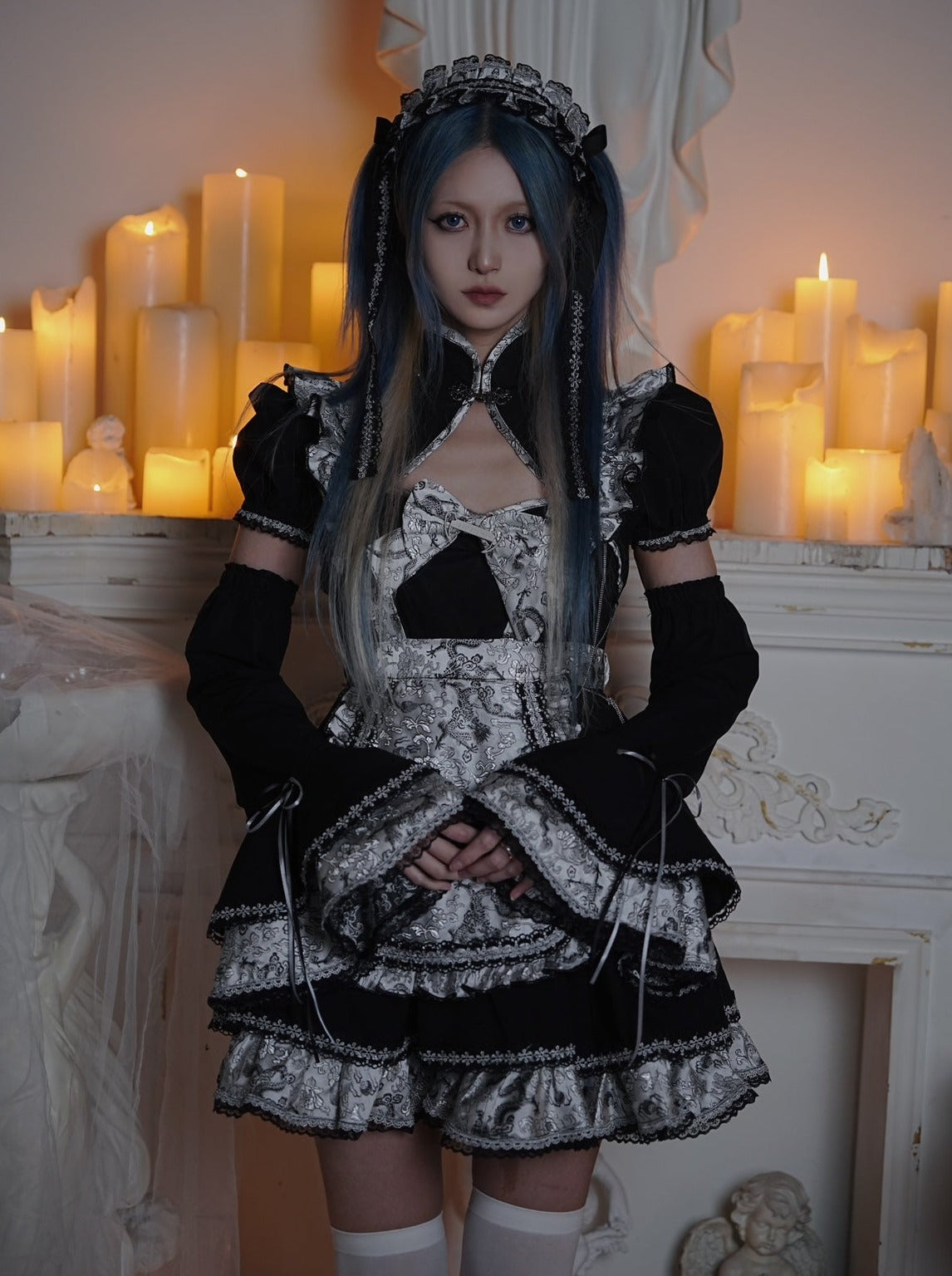 Silver Dragon Maid Gothic Dress + Apron + Arm Covers