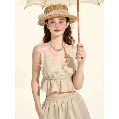 パスティルスタイルカーキレースキャミソール+シャツ +ショートパンツ