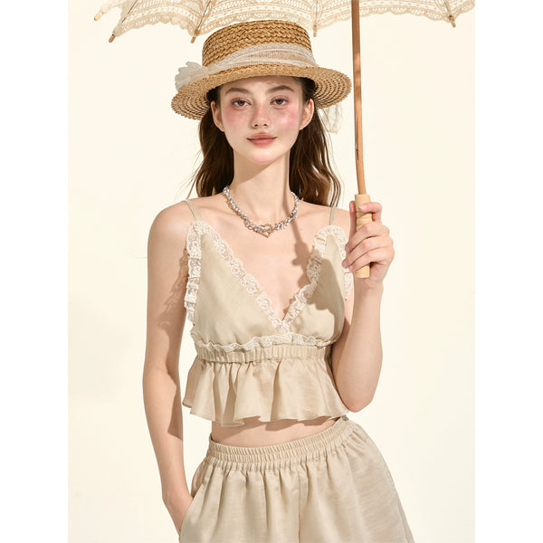 パスティルスタイルカーキレースキャミソール+シャツ +ショートパンツ