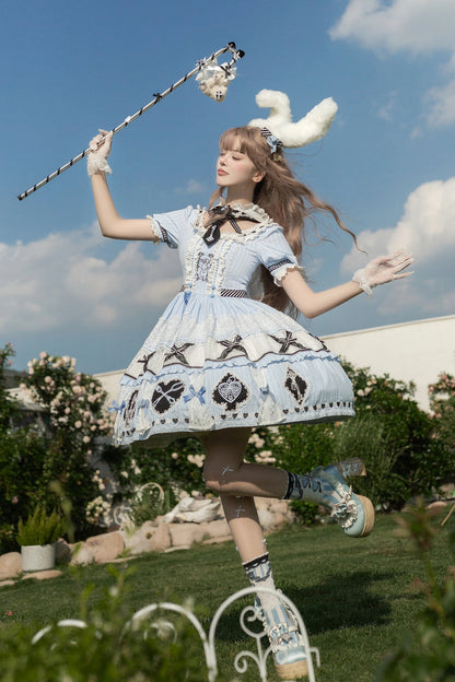 【8月13日予約締切】アリスブルーストライプレースゴシックロリータドレス＋うさ耳フーディータイカラー＋エプロン＋フルセット