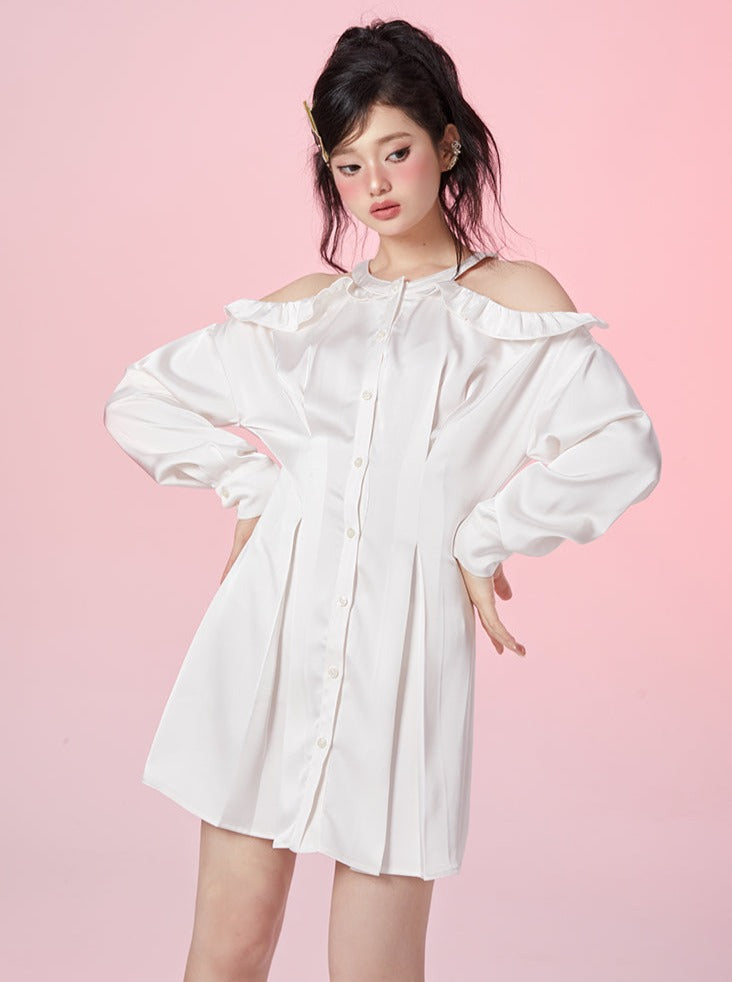 White Tea Open Mock Waist Strap Ress Frill Shirt One Piece