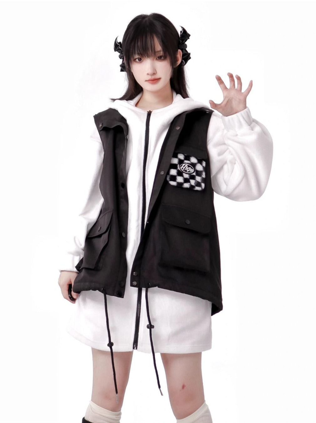 Dark Island Black White Coloured Block Fluffy Fleece Jacket Vest Pants Suit