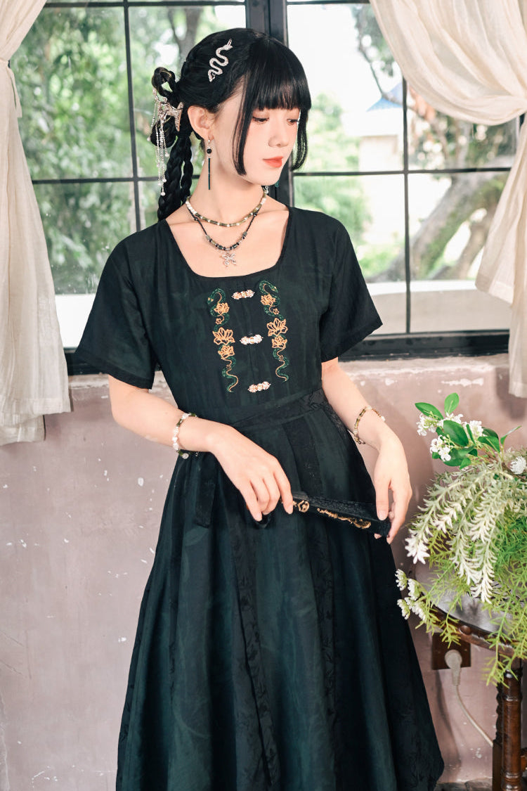 チャイナステッチジャカードロングドレス