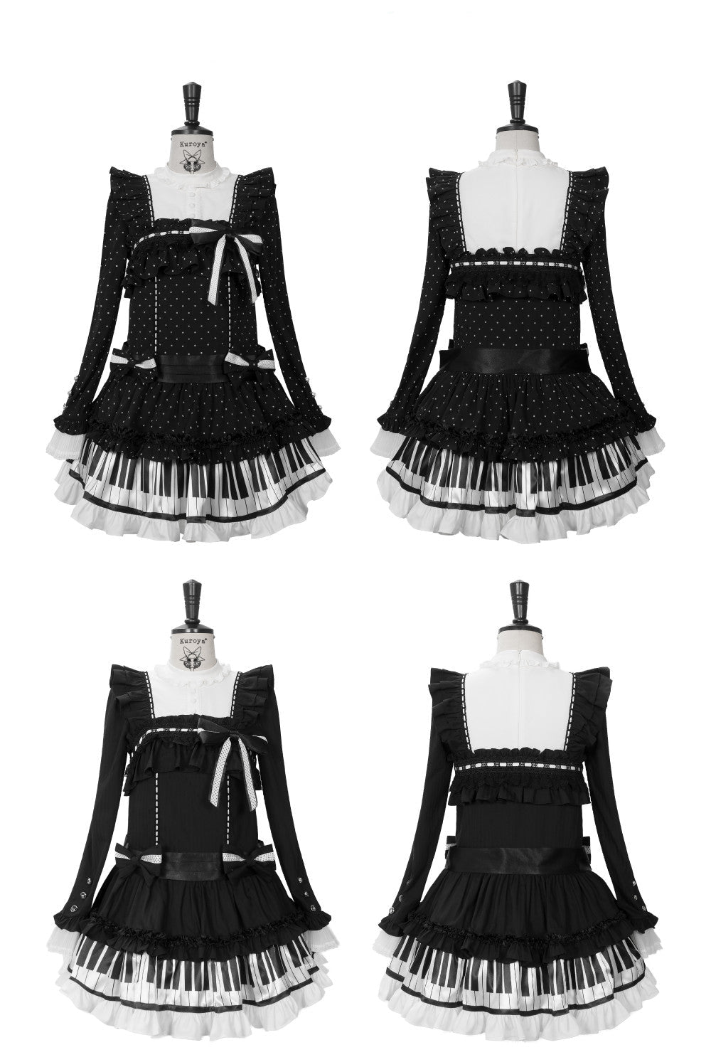 [Date limite de réservation : 22 octobre] Robe de poupée taille basse gothique Lolita à pois/noire avec touches de piano, nœud à volants