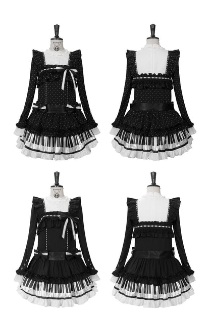 [Date limite de réservation : 22 octobre] Robe de poupée taille basse gothique Lolita à pois/noire avec touches de piano, nœud à volants
