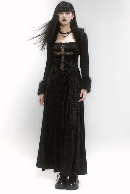 Velvet Lace Cross Long Dress + Shawl