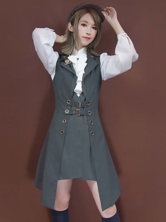 Steam Retro College Style Suit Collar Sleeveless Vest Dress [Short/Long
