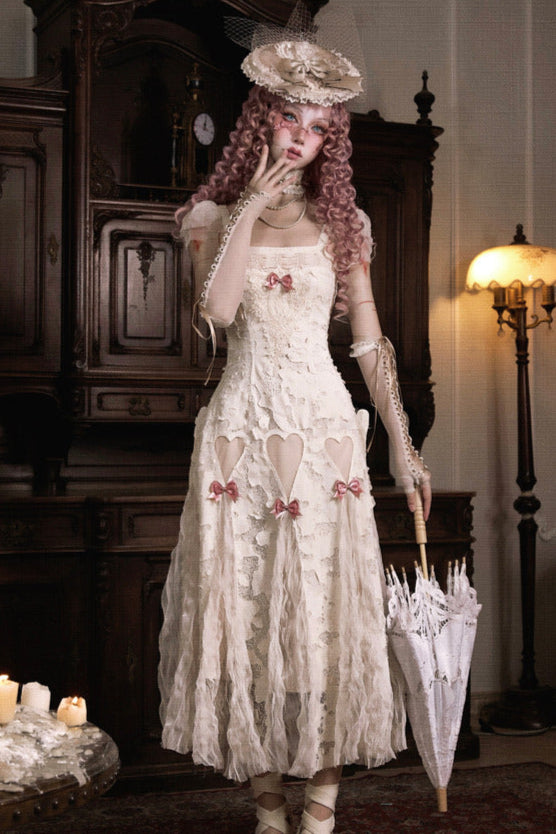 コットンラブハートリボンカットアウトレーススリップドレス