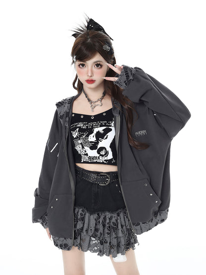 Cat Ear Subculture Sweet Cool Broken Hole Loose Hoodie Jacket