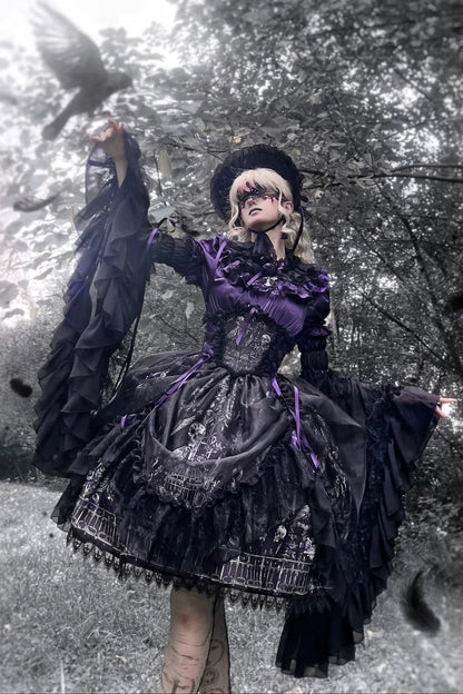 【11月25日予約締切】Gothic Lolita Frill Lace Puff Sleeve Satin Shirt + Skeleton Lace Layered Corset Skirt + Detachable Bell Sleeves + Bonnet Set