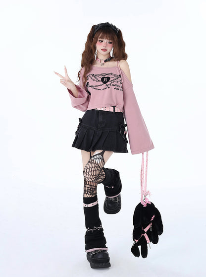 [2.10 Limited Time 95% Off] First Love Concerto Original Y2K Babes Off-the-shoulder Knitted Lace-up Spring Summer Short Top