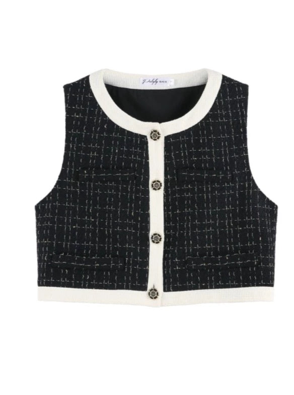 Tweed vest + tweed skirt + ruffle collar blouse