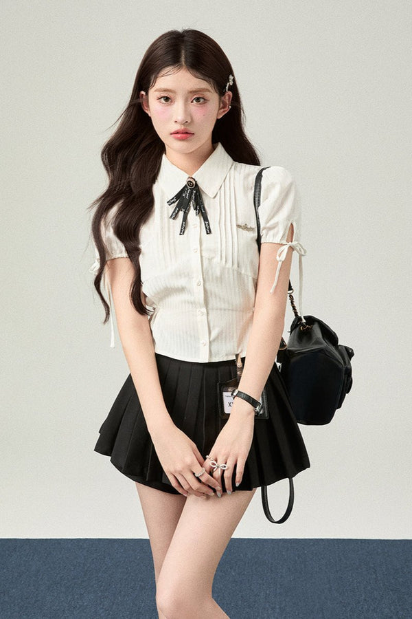 Solid Color College Style Short Sleeve Shirt