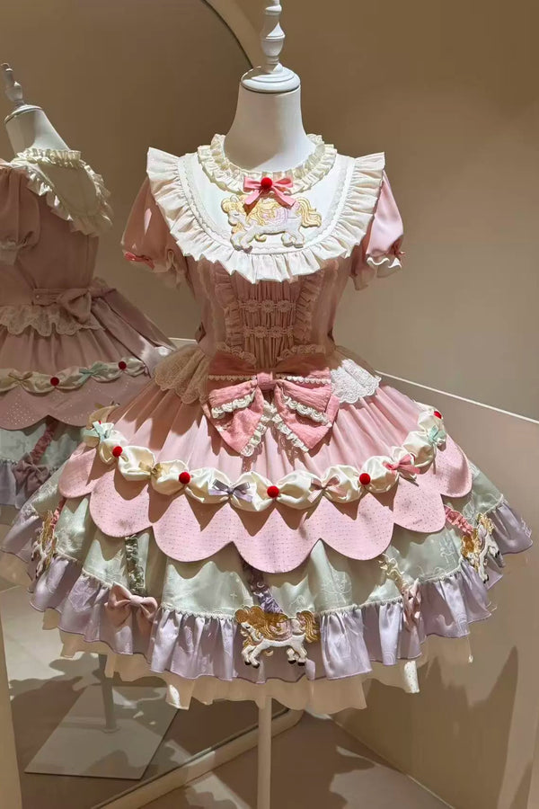 【8月20日予約締切】ピンク×パステルスイートロリータエンブロイダリーフリルリボンティアードドレス