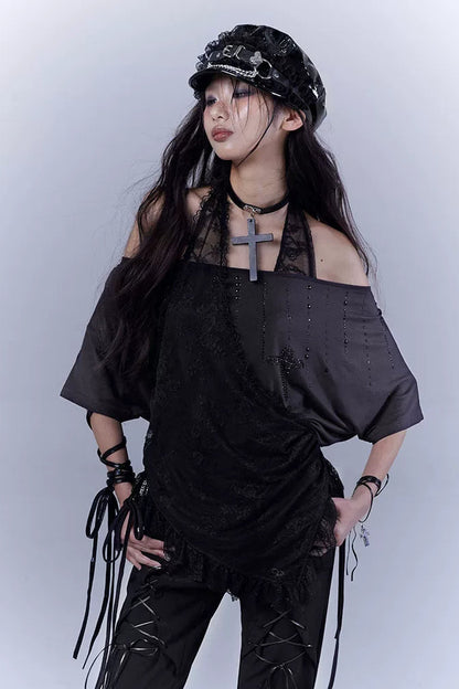 シアーオフショルレースハルタートップス