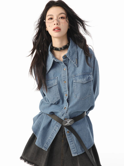 Retro Damaged Blue Denim Shirt