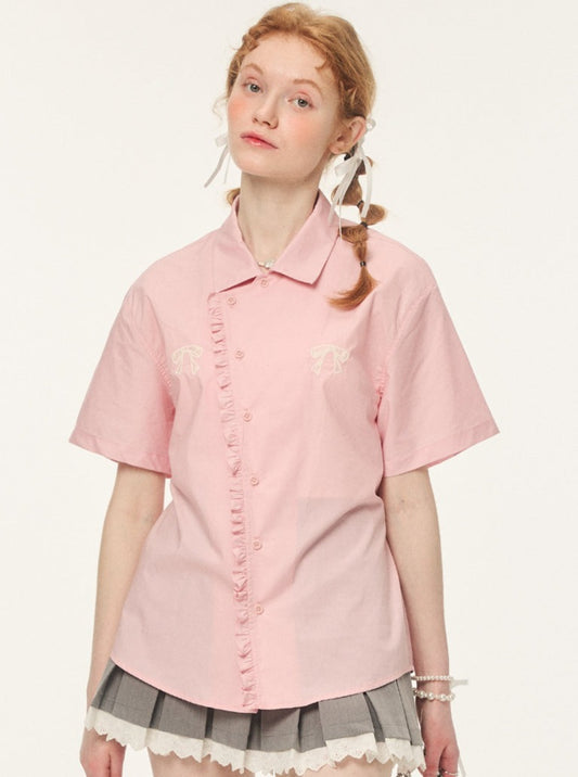 Frilled lace one-pointed ribbon shirt