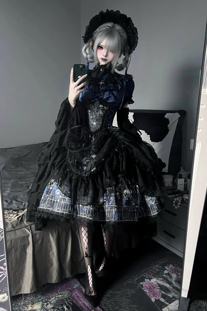 【11月25日予約締切】Gothic Lolita Frill Lace Puff Sleeve Satin Shirt + Skeleton Lace Layered Corset Skirt + Detachable Bell Sleeves + Bonnet Set