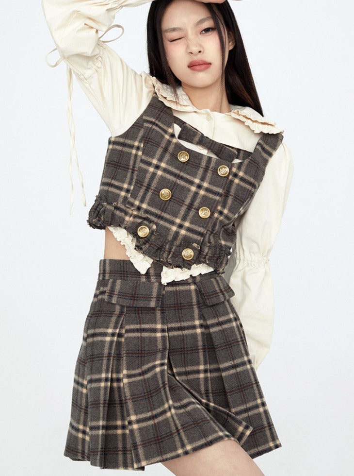 Brown Retro Check Suspenders + Check Skirt