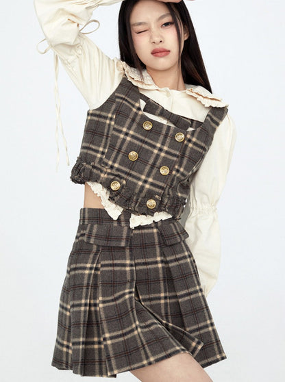 Brown Retro Check Suspenders + Check Skirt