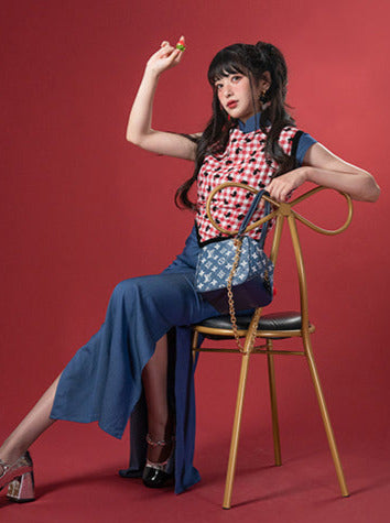 Rabbit Faux Two Piece Denim China Dress