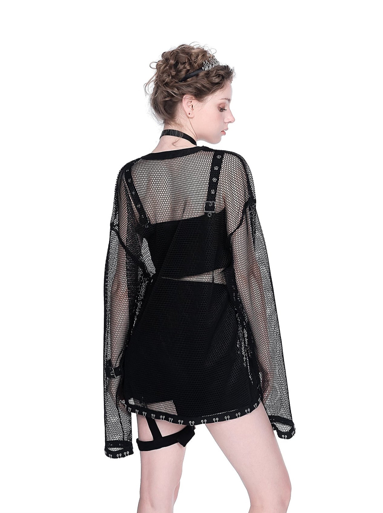 Mesh Sheer Metal Cross Lace-Up Mode Long T