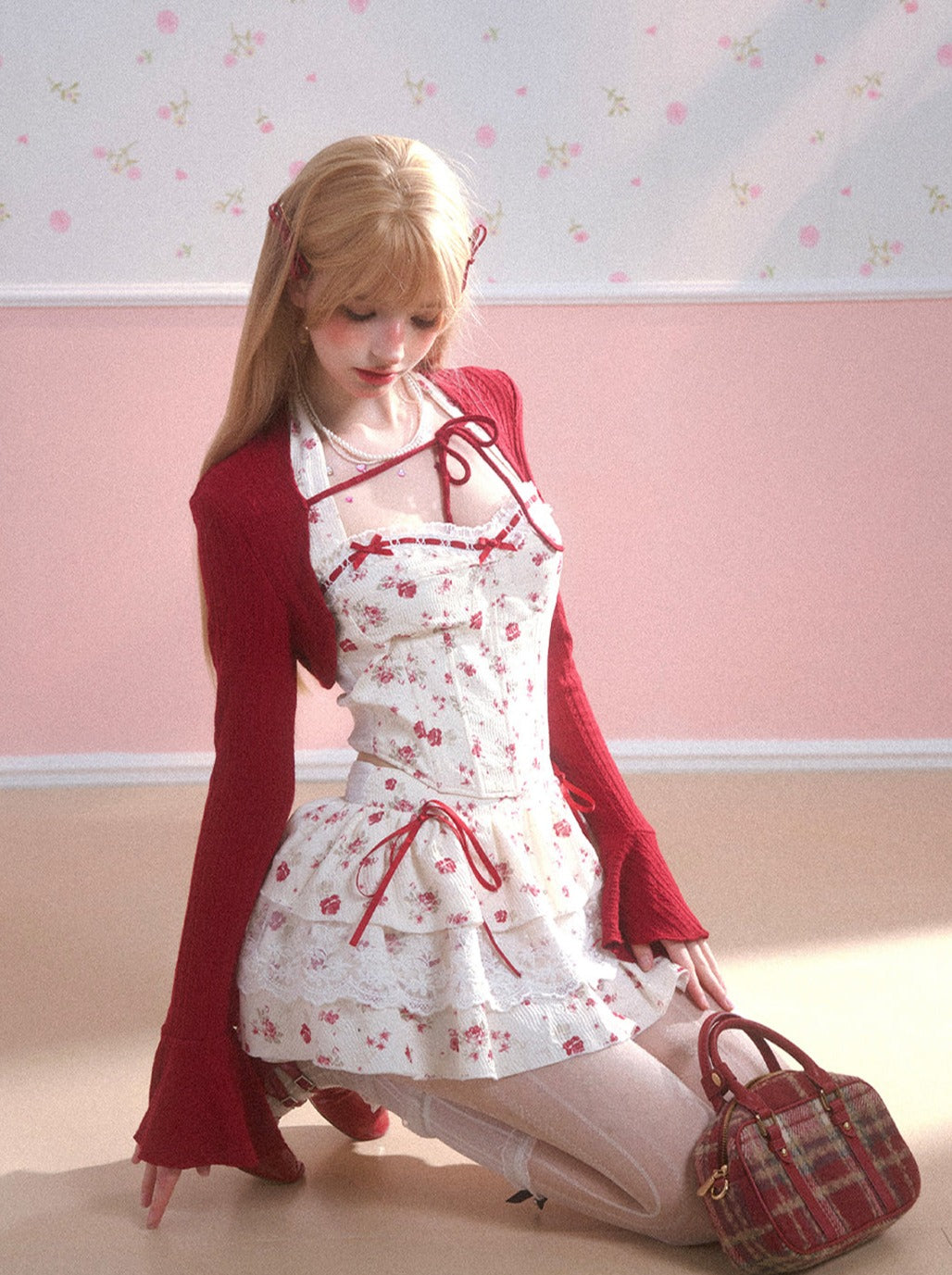 Red Cardigan + Flower Top + Cake Skirt