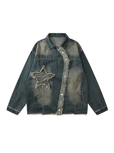 American Style Retro Star Stitch Washed Denim Jacket